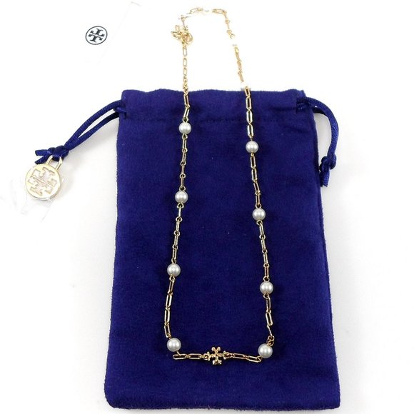 NWT Tory Burch Thin Roxanne Imitation Pearl Detailed 18K-plated Chain Necklace - Picture 11 of 11
